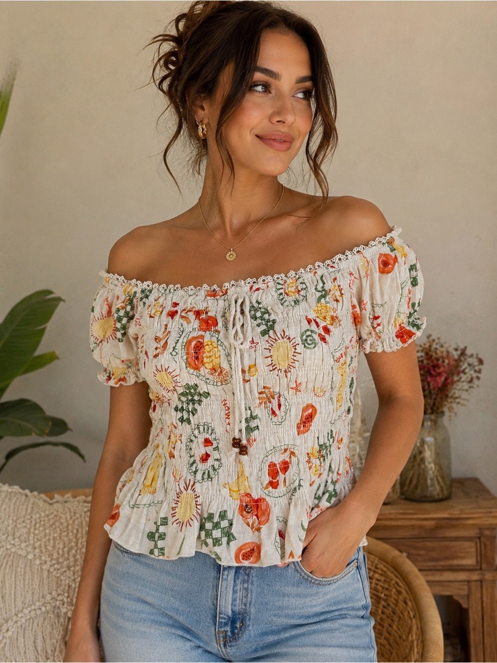 Kirious Los Angeles Women’s M Fruit Print Smocked Off Shoulder Peplum Top